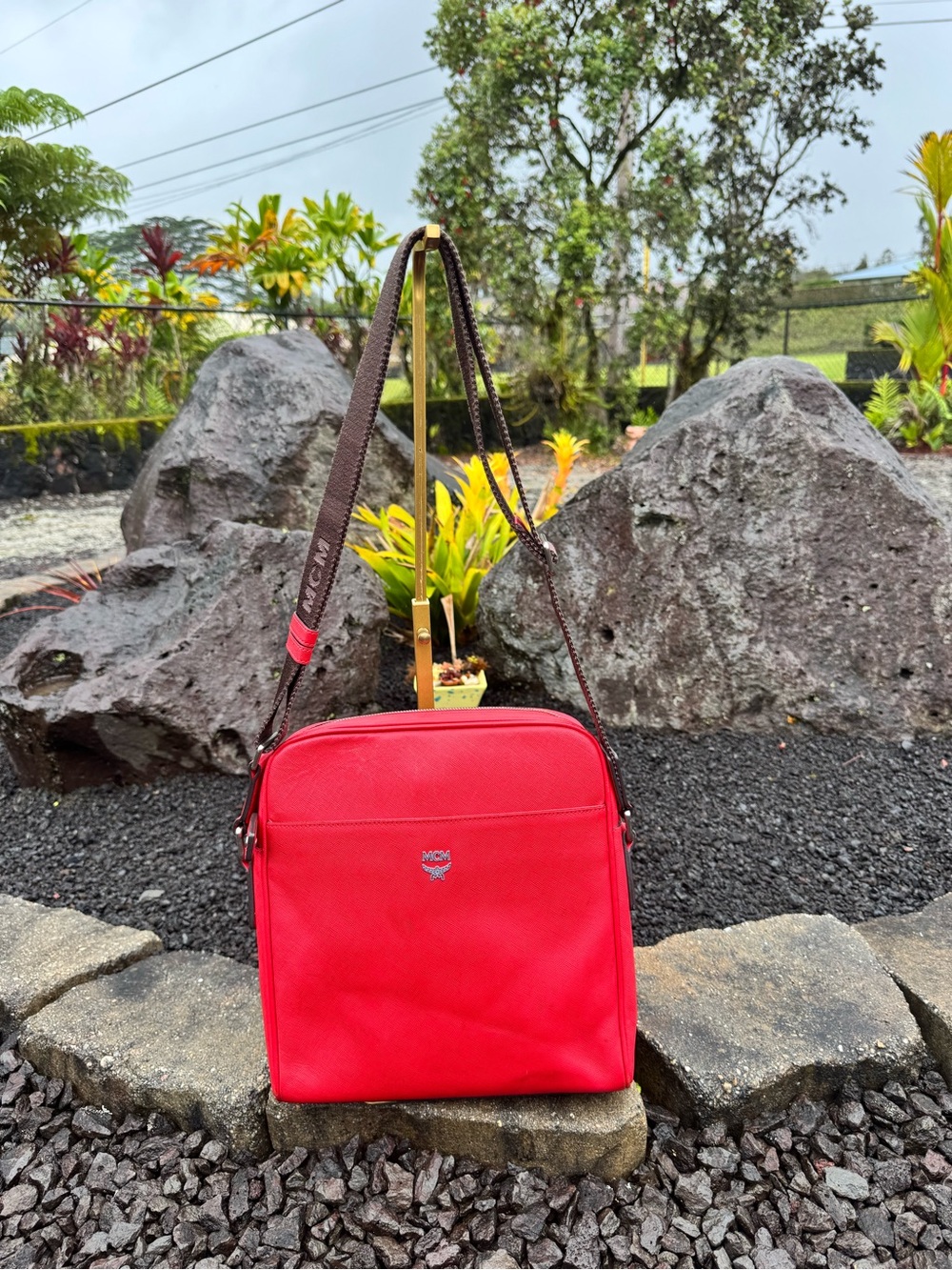 MCM Red Saffiano Leather Crossbody Messenger Bag Logo Strap Unisex